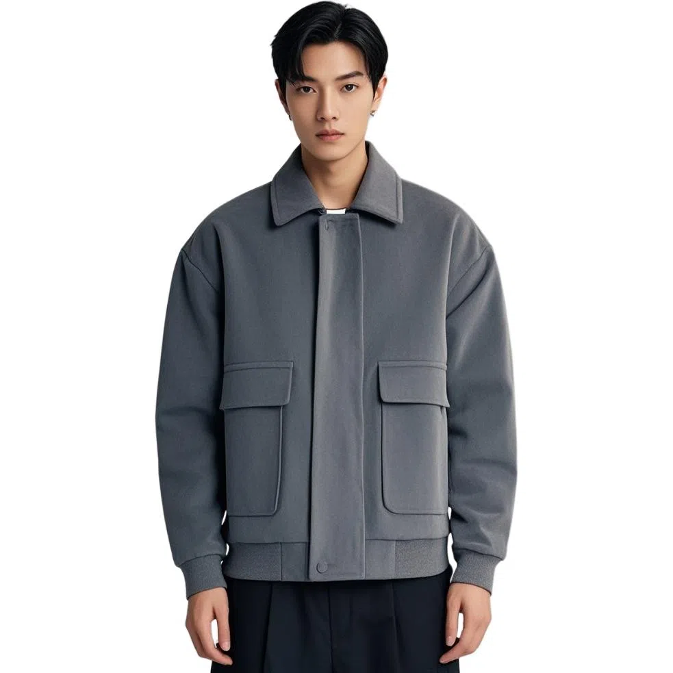玉儿恋 美式高街机能工装翻领宽松纯色夹克外套 男款 灰色