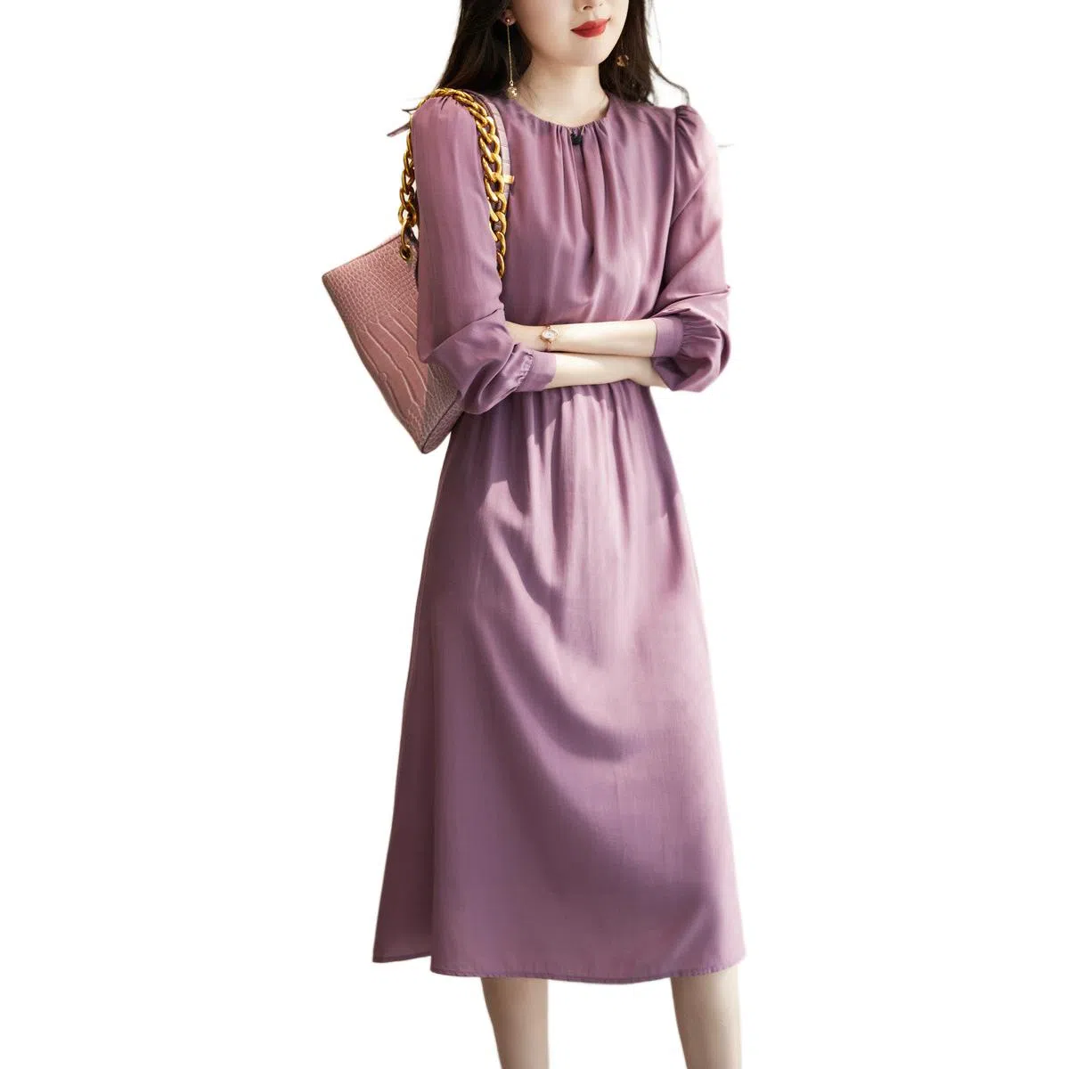 【dme】 纯色通勤修身薄款显瘦直筒长袖连衣裙 女款