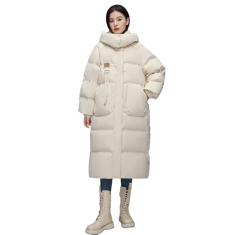 鸭鸭 新国标长款过膝连帽韩版宽松时尚休闲通勤简约加厚保暖羽绒服 女款