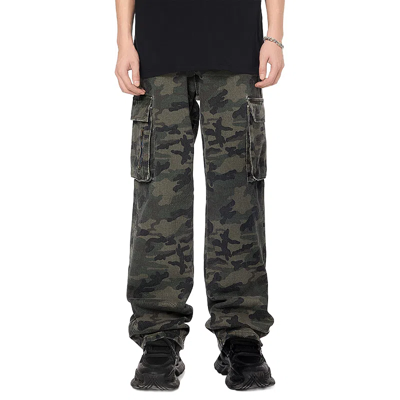 赞仕 美式复古迷彩工装拖地裤百搭高街宽松阔腿直筒加长版牛仔裤 男女同款 军绿色