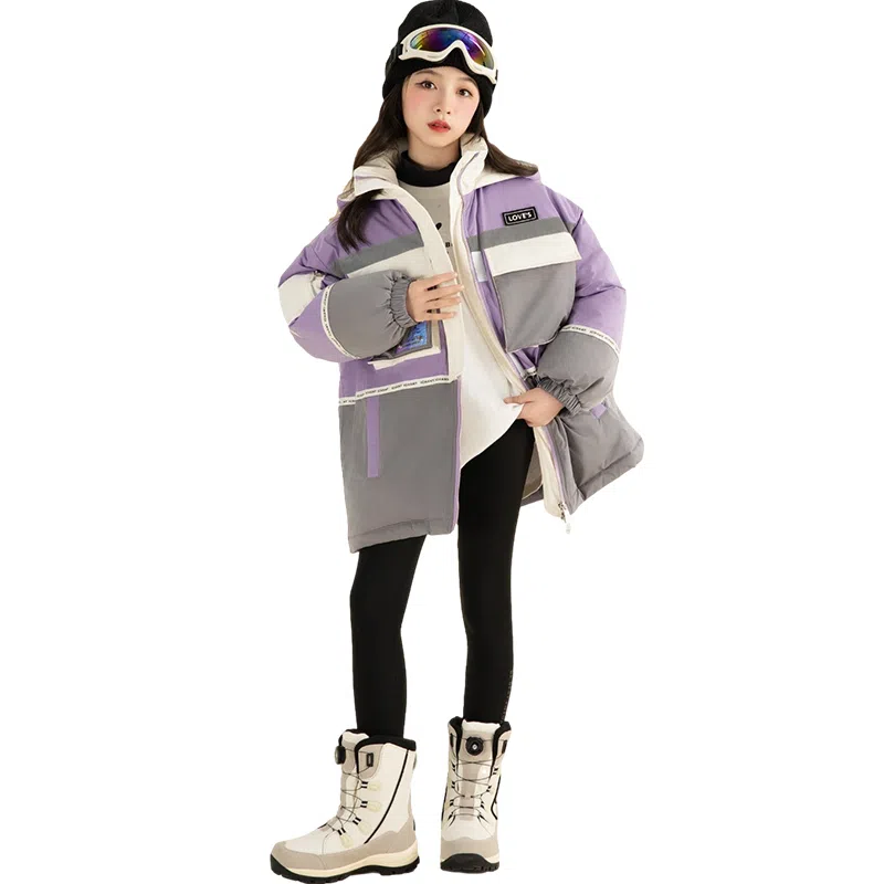 鸭鸭 童装 拼色中长款加厚保暖休闲长袖羽绒服 儿童款 紫色