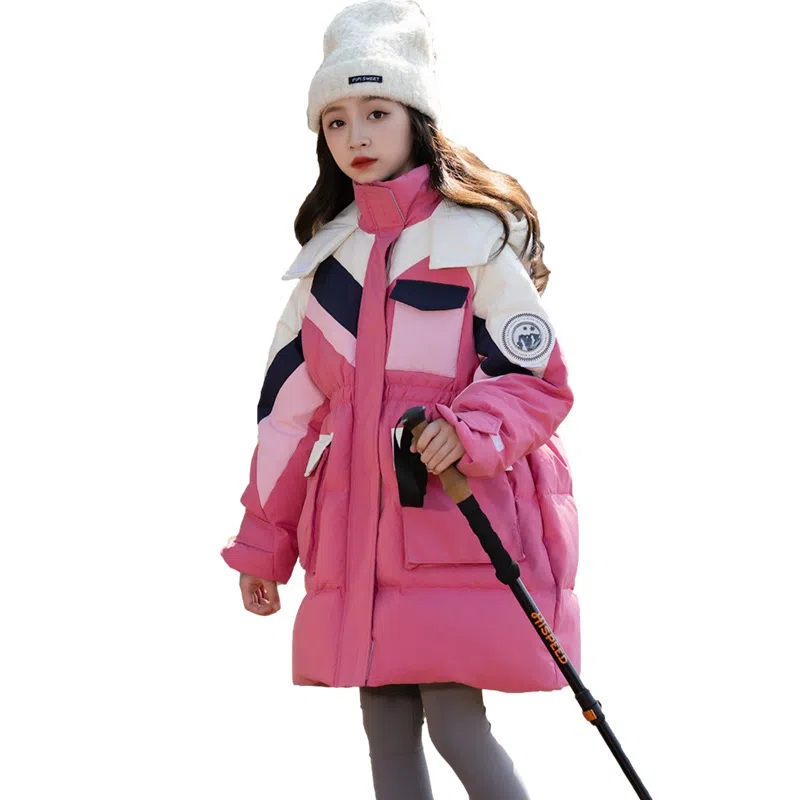 鸭鸭 童装 拼色连帽白鸭绒户外防水中长款羽绒服 儿童款