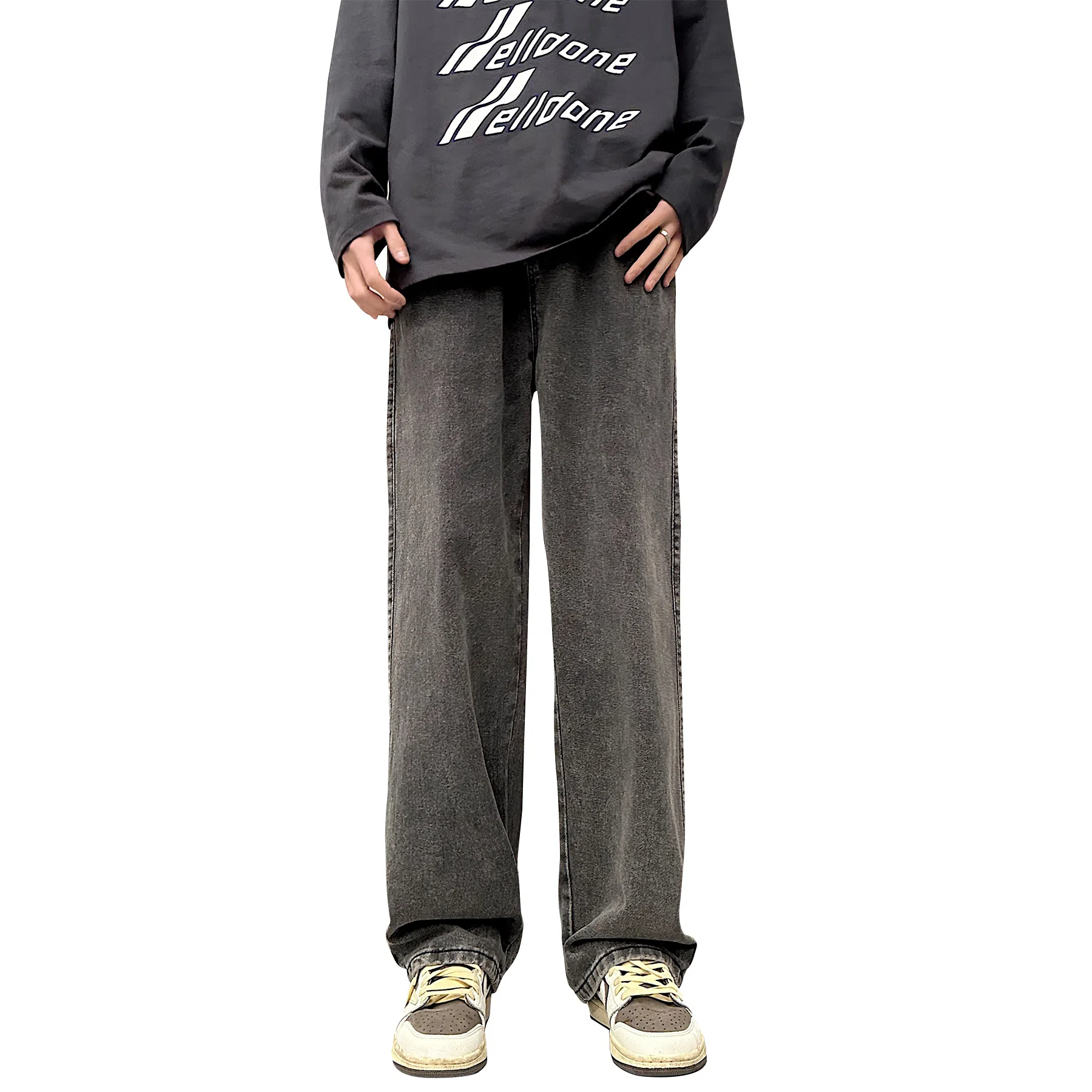 人本 美式简约长裤子后腰松紧直筒宽松舒适复古高街阔腿牛仔裤夏季 男女同款