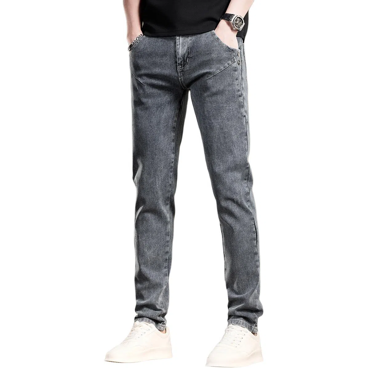 贵色 男士薄款复古休闲百搭透气神裤微光做旧水洗工艺长裤韩版高端烟灰色凉感直筒牛仔裤 男女同款