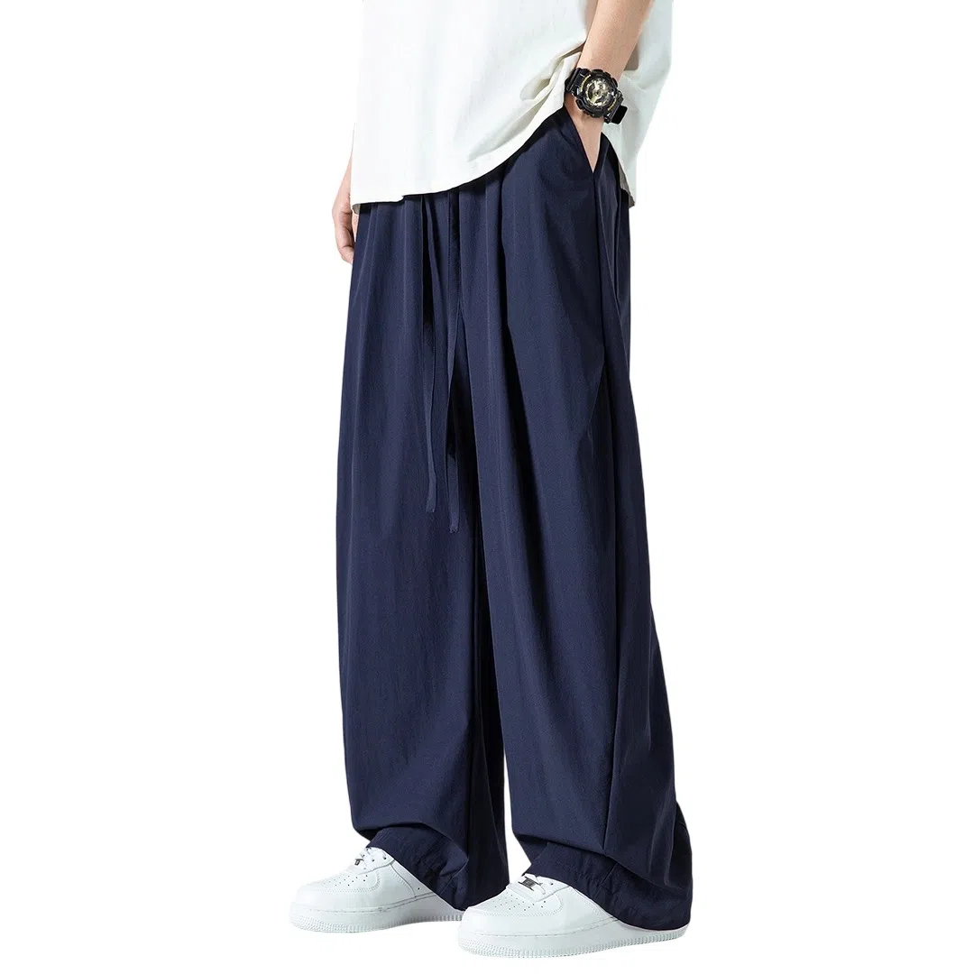 顶峰保罗 褶皱冰丝裤子百搭潮流薄款凉感亲肤透气时尚无性别主义潮牌阔腿裤垂坠感弯刀休闲裤 男女同款