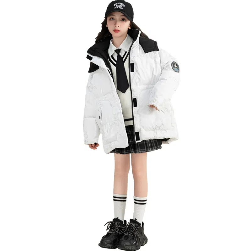 鸭鸭 童装 纯色反光宇航员连帽中长款羽绒服 儿童款