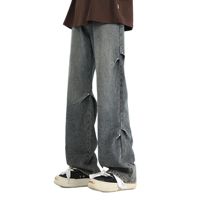 双星八特 复古铆钉春秋季宽松水洗直筒阔腿裤休闲长裤子牛仔裤 男款
