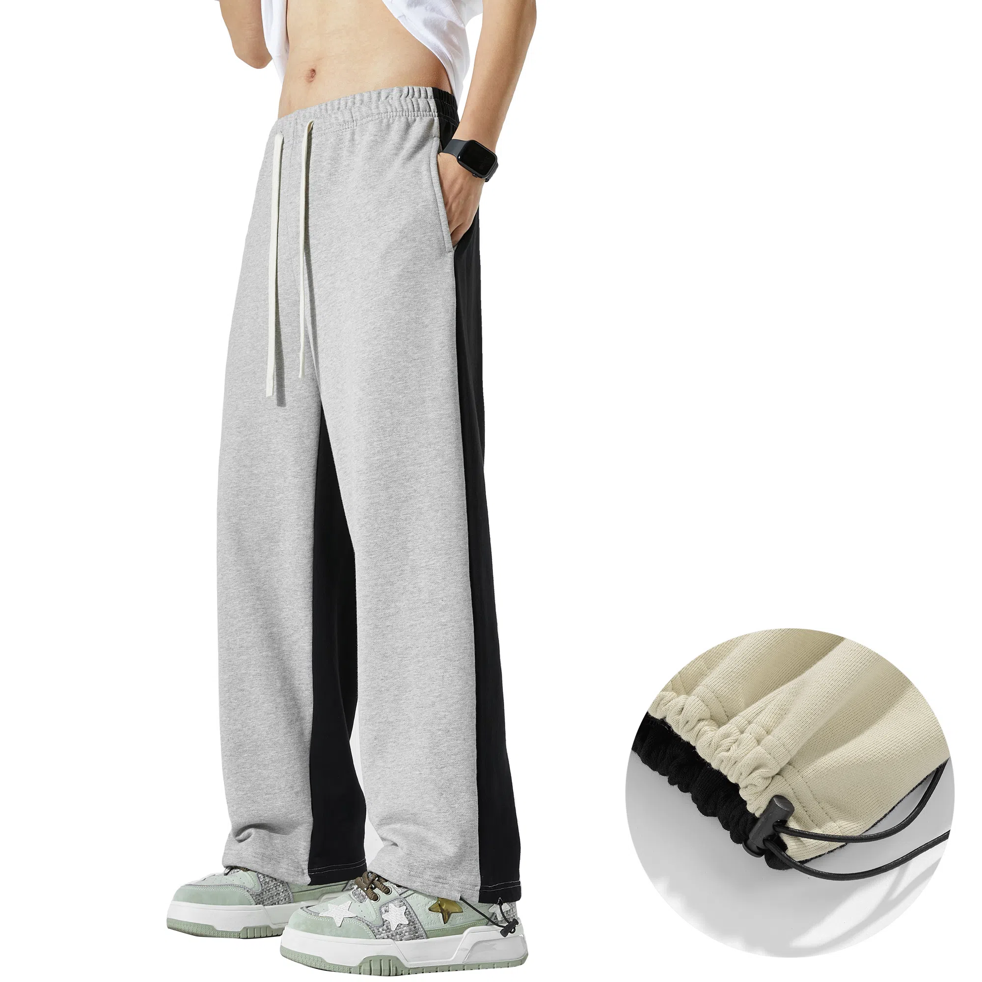 稻草人 美式潮牌撞色拼接正反两面穿系带宽松阔腿直筒百搭休闲裤 男女同款