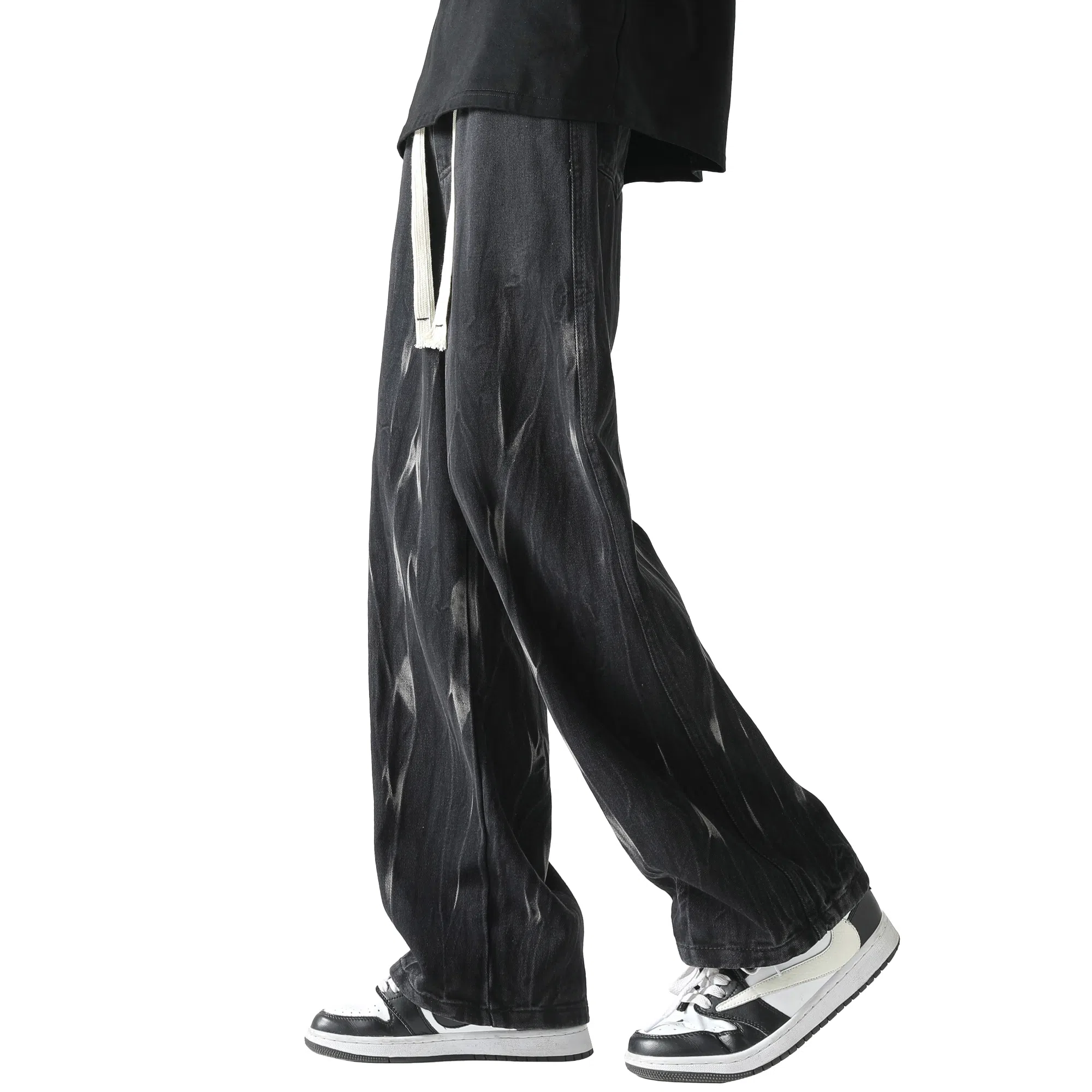 稻草人 基础款高街做旧泼墨舒适亲肤透气直筒长裤通勤百搭中腰宽松简约牛仔裤 男女同款