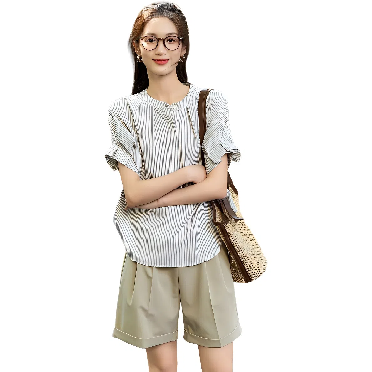 【dme】 宽松立领休闲短袖衬衫 女款 黑白条纹