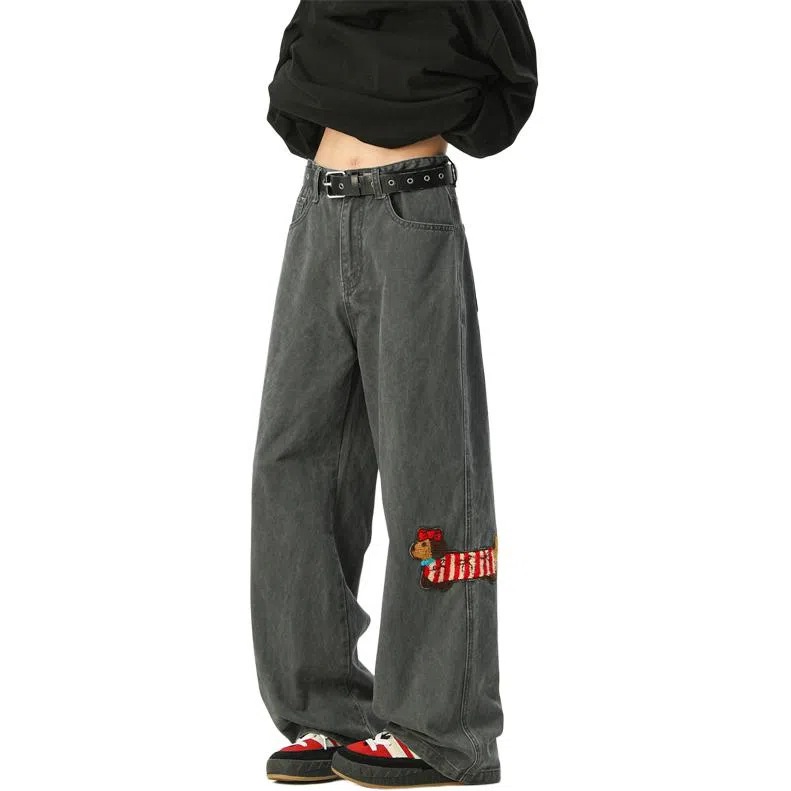 顶峰保罗 美式腊肠小狗刺绣直筒阔腿长裤百搭宽松重磅情侣潮牌凉感透气设计感显瘦显高休闲裤 男女同款