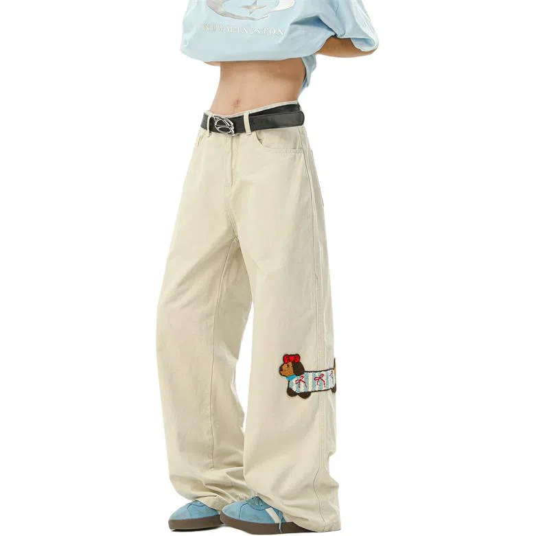 顶峰保罗 美式腊肠小狗刺绣直筒阔腿长裤百搭宽松重磅情侣潮牌凉感透气设计感显瘦显高休闲裤 男女同款