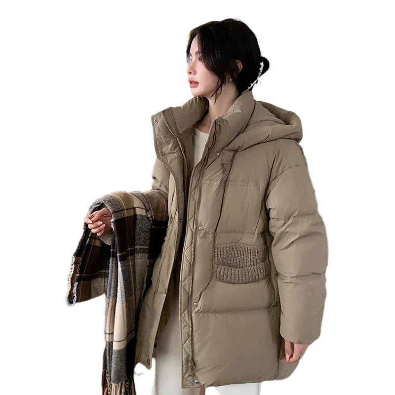 鸭鸭 宽松连帽中长款纯色羽绒服 女款