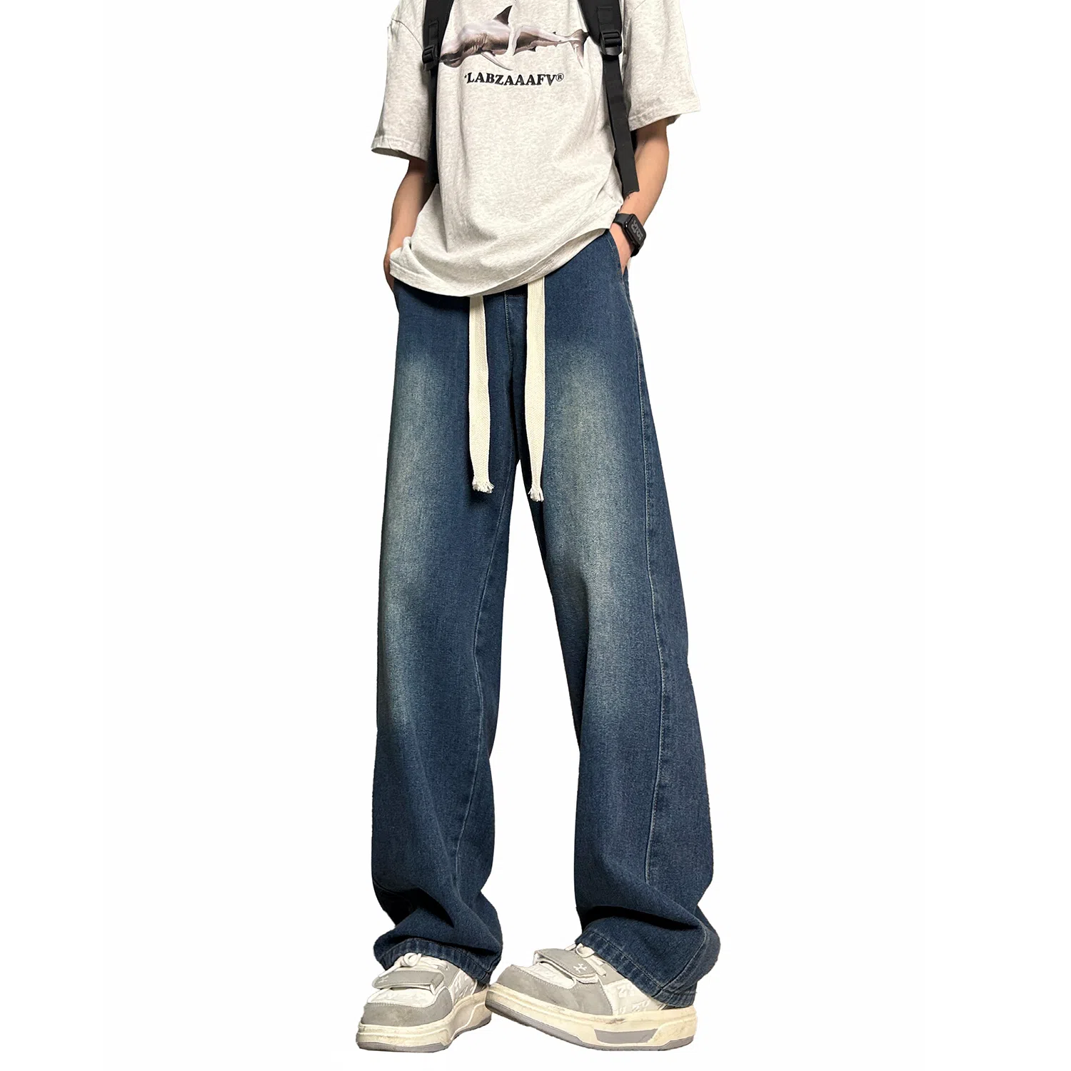 加菲猫家族 美式高街潮流复古水洗做旧宽松简约舒适透气系带松紧日常通勤时尚百搭直筒垂感中腰牛仔裤 男女同款