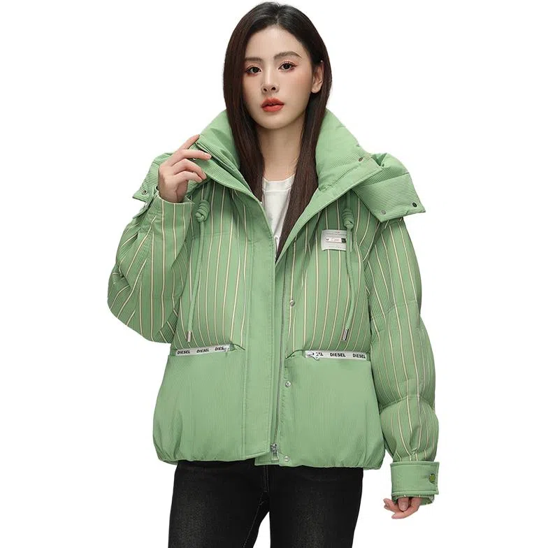 鸭鸭 撞色连帽条纹羽绒服 女款