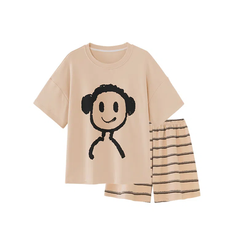 夏芬妍 简约时尚柔软亲肤卡通条纹圆领短袖短裤家居服休闲可外穿夏季睡衣套装 男女同款