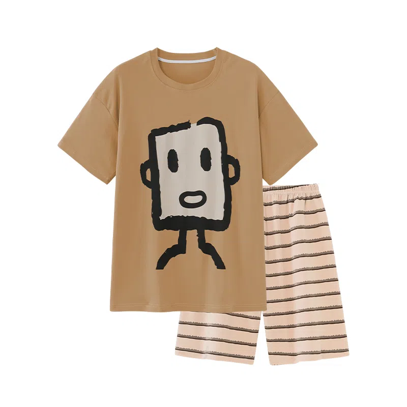 夏芬妍 简约时尚柔软亲肤卡通条纹圆领短袖短裤家居服休闲可外穿夏季睡衣套装 男女同款