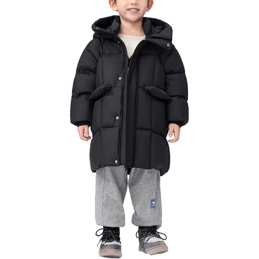 鸭鸭 防风保暖宽松中长款连帽加厚鸭绒羽绒服 中小童