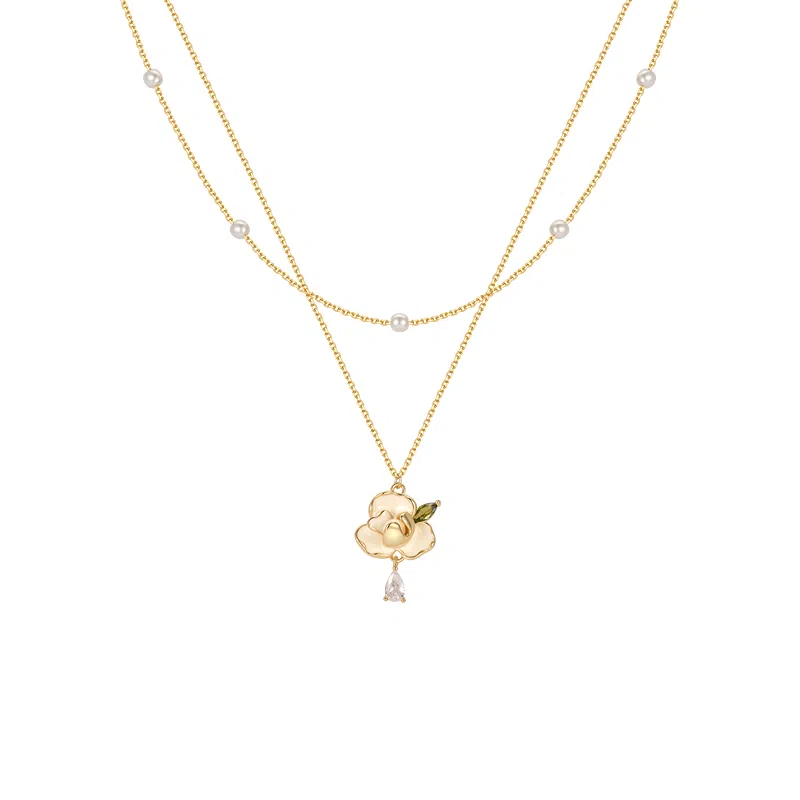 骊碧 香港轻奢珍珠山茶花双层叠戴 气质浪漫 实用高档 有意义 铜 项链 女款