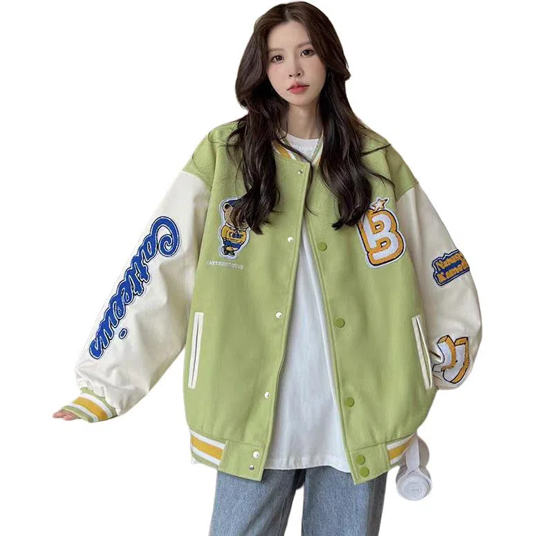 美式潮牌高街重磅撞色趣味小熊字母刺绣拼接外套街头痞帅潮流舒适百搭宽松休闲领落肩垂感直筒开衫棒球服 男女同款