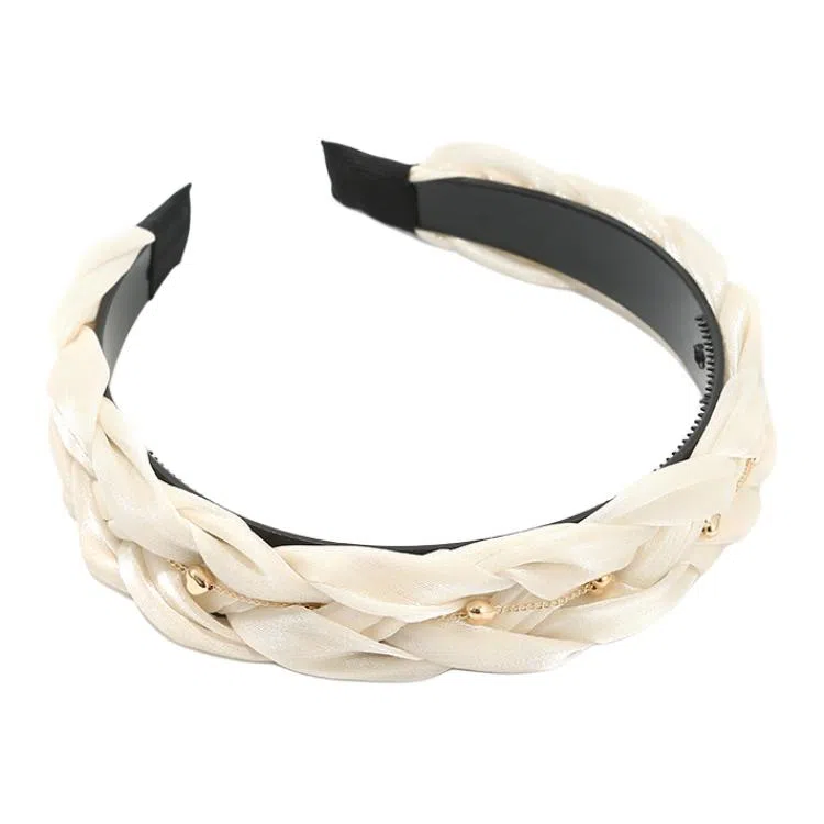 如花梦 黑色麻花绢纱发卡防滑带齿金珠链条高颅顶头箍 布艺 发箍 女款