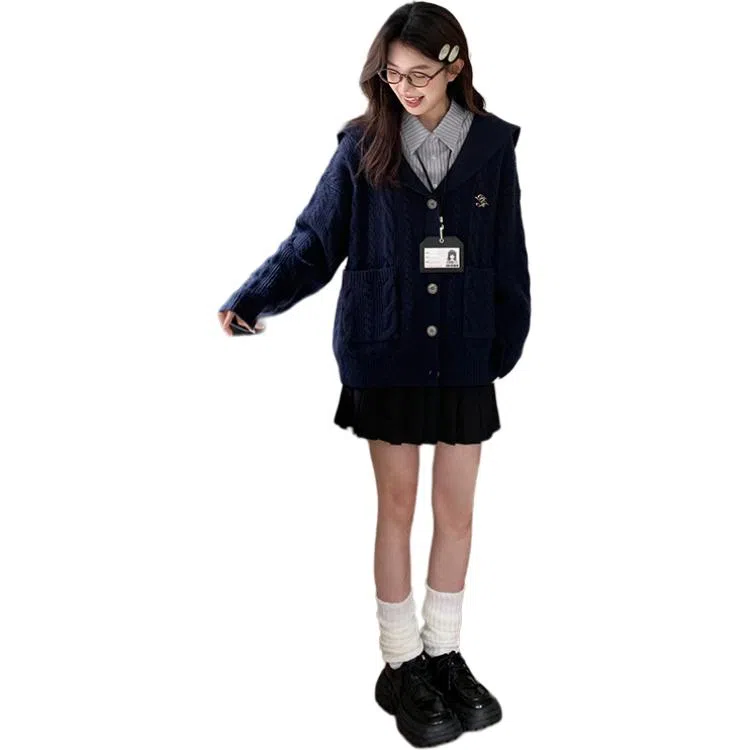 东鲸岁时记 学院风海军领复古绞花上衣毛衣外套学姐感松弛感宽松文艺风经典格纹半裙穿搭一整套裙装套装 秋冬季 女款 礼盒装 米白色