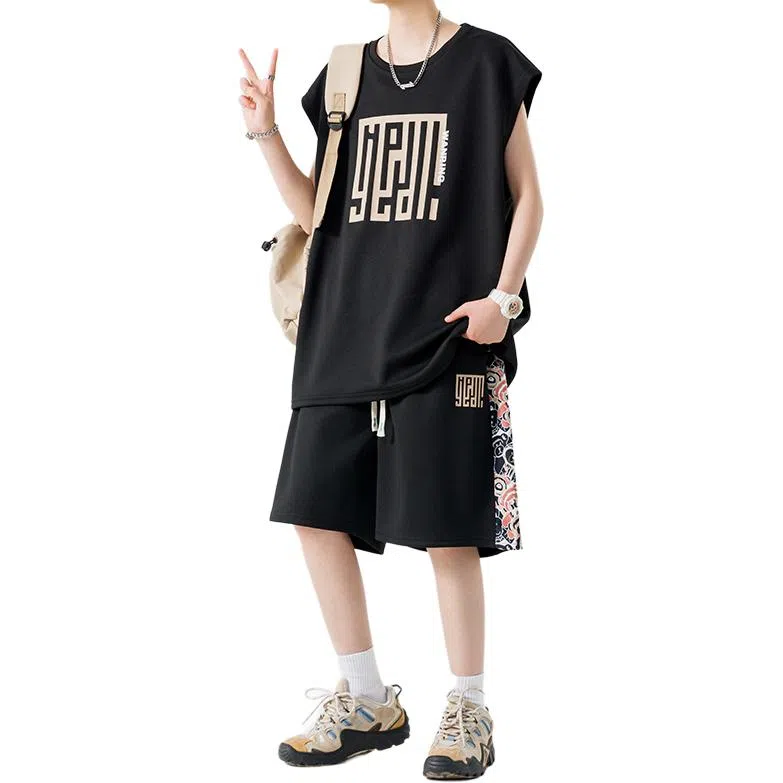 顶峰保罗 新中式印花背心短裤搭配一套宽松潮流时尚休闲运动套装 男女同款