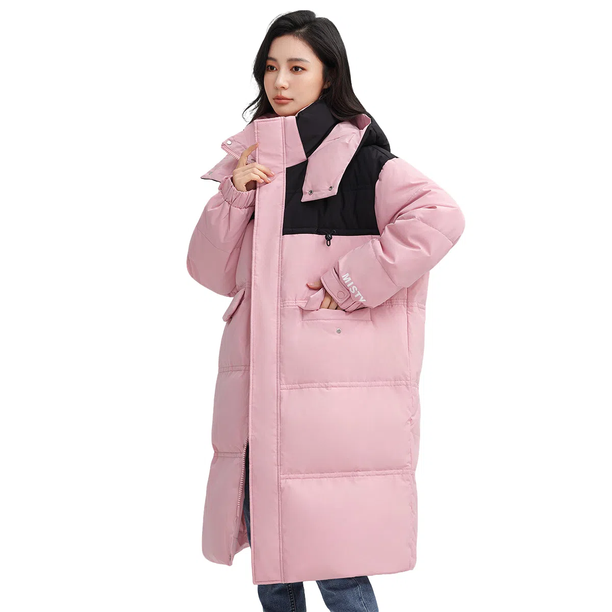 鸭鸭 纯色可脱卸帽拉链加厚保暖长款直筒长袖羽绒服 女款