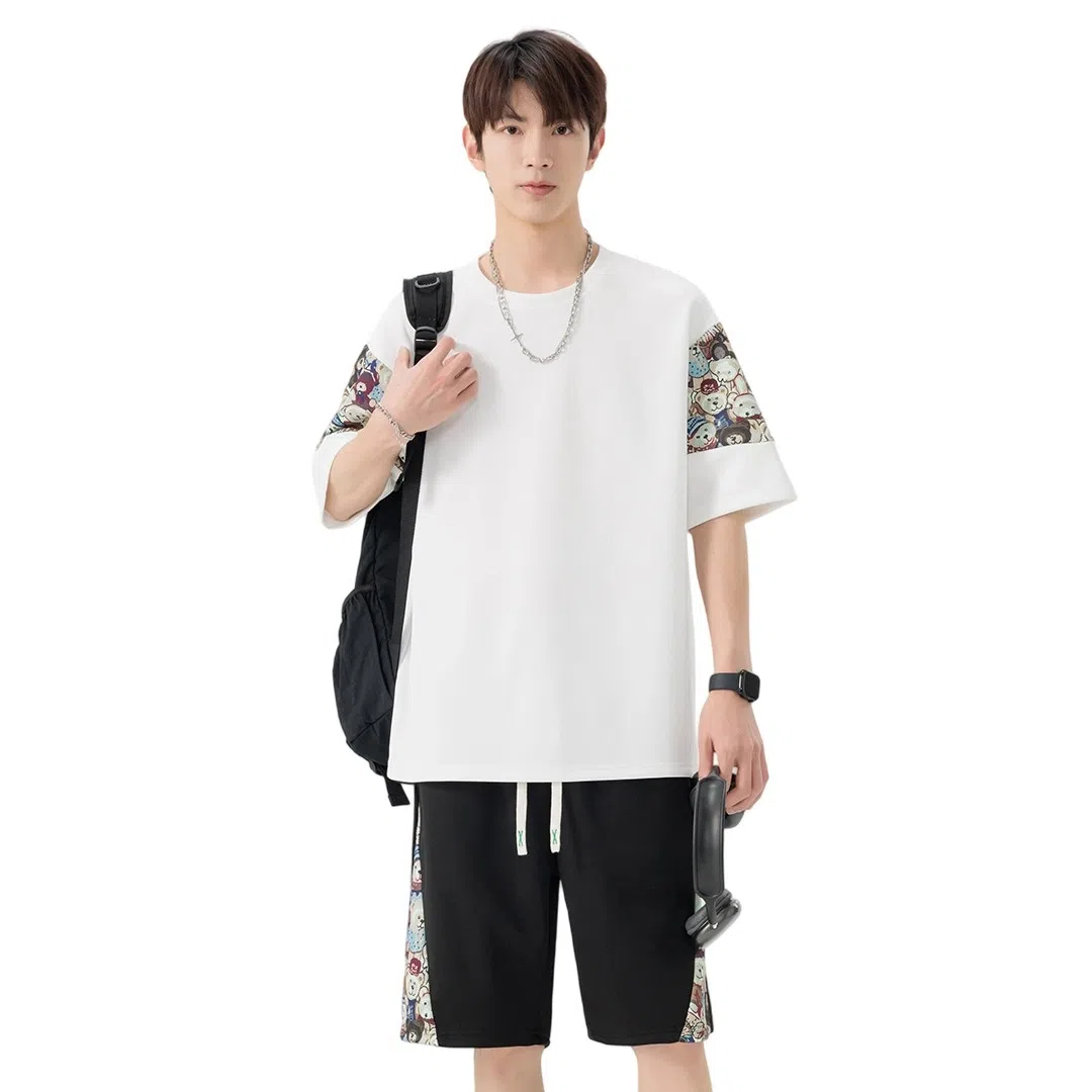 顶峰保罗 冰丝薄款圆领刺绣拼接短袖舒适潮流短裤一整套搭配无性别主义松紧腰弹力凉感透气百搭宽松时尚健身跑步速干休闲运动套装 男女同款