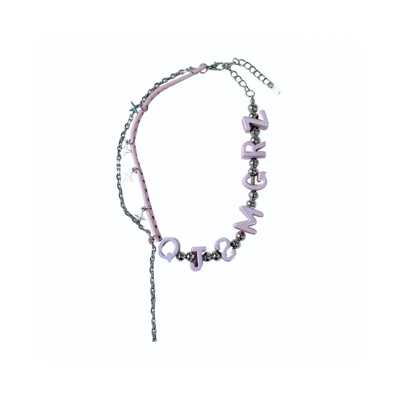 尚先生 多巴胺 千禧辣妹 搭配 字母 高级感 流苏锁骨链荧光粉色 皮革 项链 女款