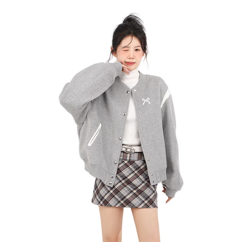 桴生 外套宽松开衫纯色与蝴蝶结棒球服上衣夹克 女款 灰色单品