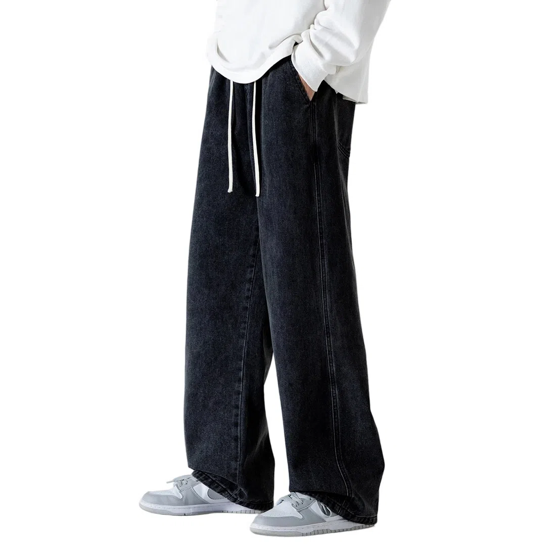 顶峰保罗 美式宽松百搭透气无性别主义弹力透气垂感休闲潮流阔腿拖地牛仔裤 男女同款