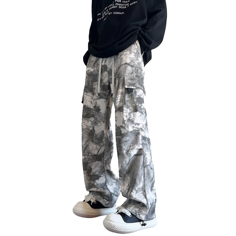 美式复古高街迷彩扎染多口袋工装裤子直筒系带潮牌宽松阔腿休闲裤 男女同款