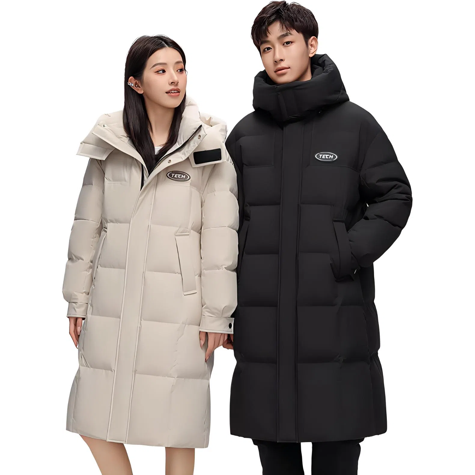 鸭鸭 拼色加厚长款休闲长袖羽绒服 男女同款