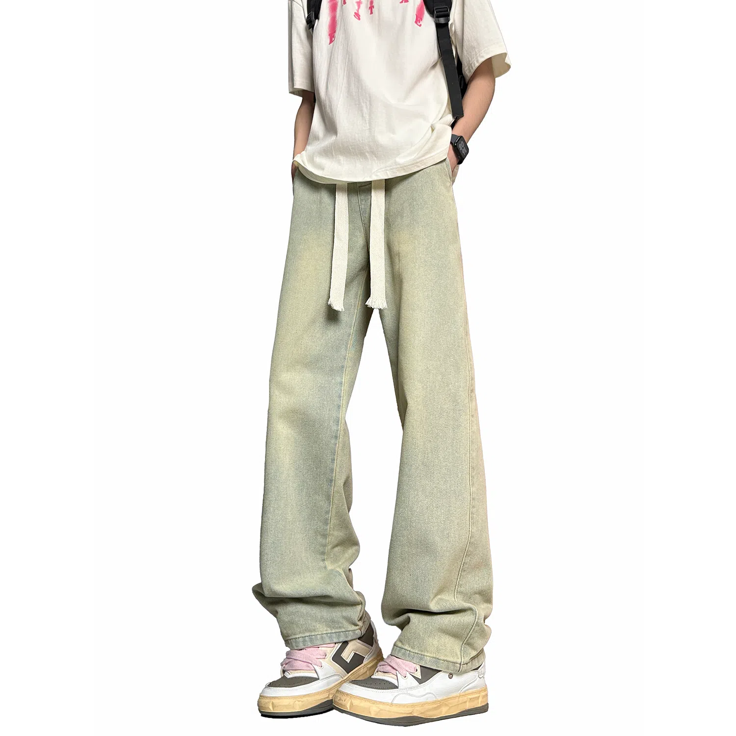 加菲猫家族 美式高街潮流复古水洗做旧宽松简约舒适透气系带松紧日常通勤时尚百搭直筒垂感中腰牛仔裤 男女同款