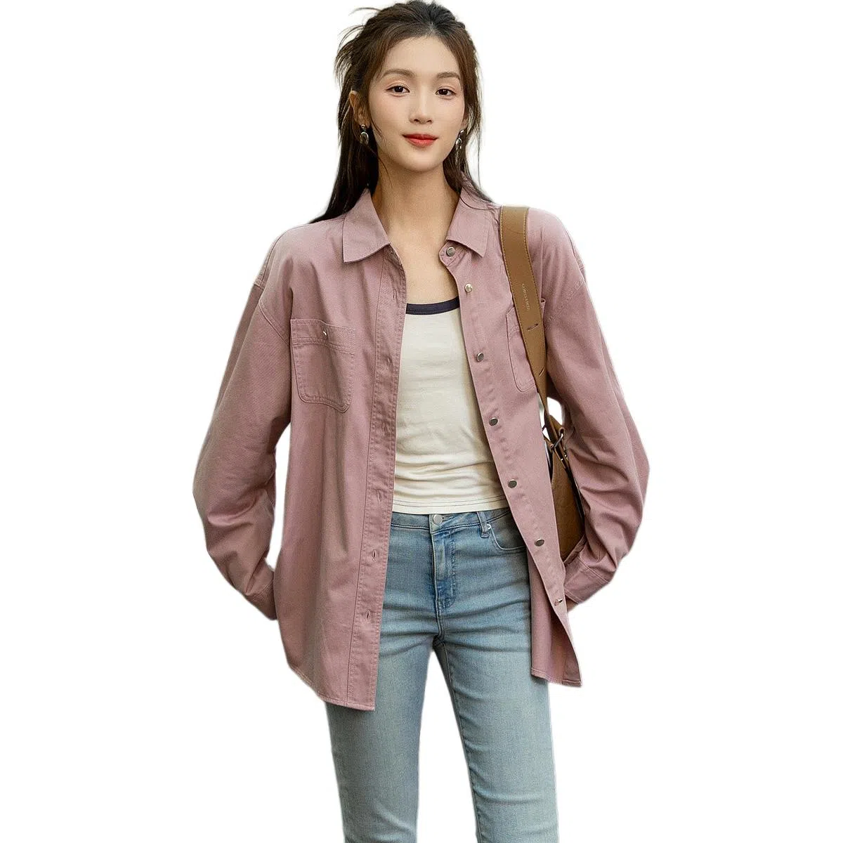 【dme】 休闲纯色翻领长袖衬衫 女款 灰粉