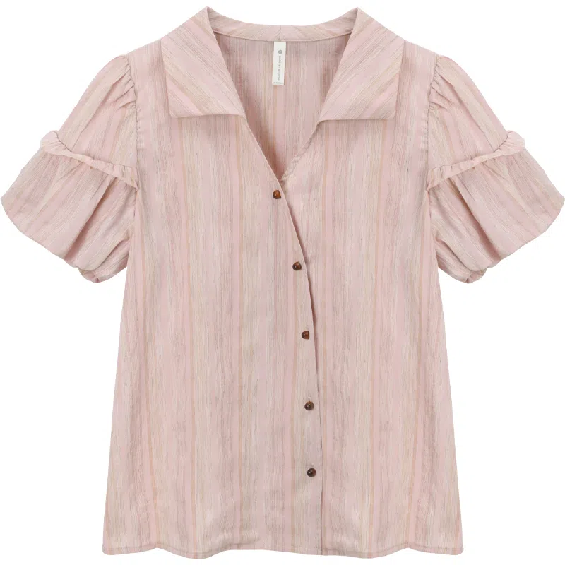 谜秀 复古法式条纹常规短袖翻领衬衫 女款