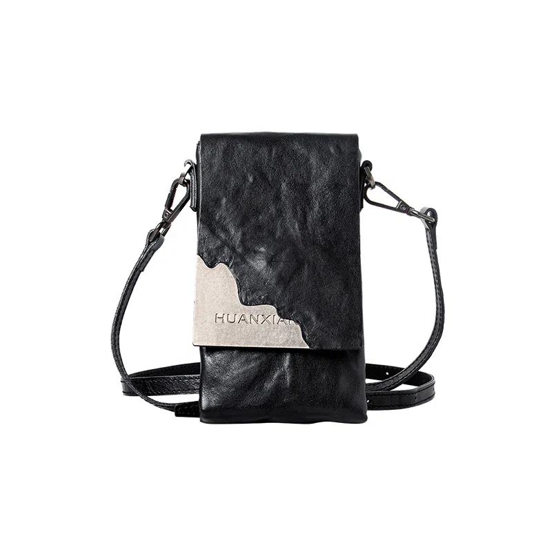 幻象者 原创设计 植鞣牛皮 手机包单肩斜挎包 男女同款情侣款 黑色