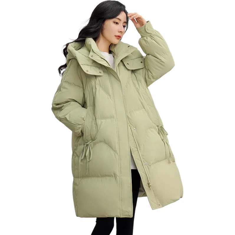 鸭鸭 连帽加厚中长款纯色拉链羽绒服 女款