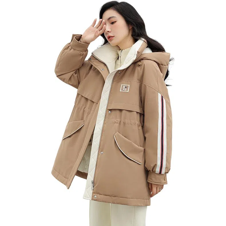 鸭鸭 纯色连帽通勤时尚收腰拉链长袖羽绒服 女款