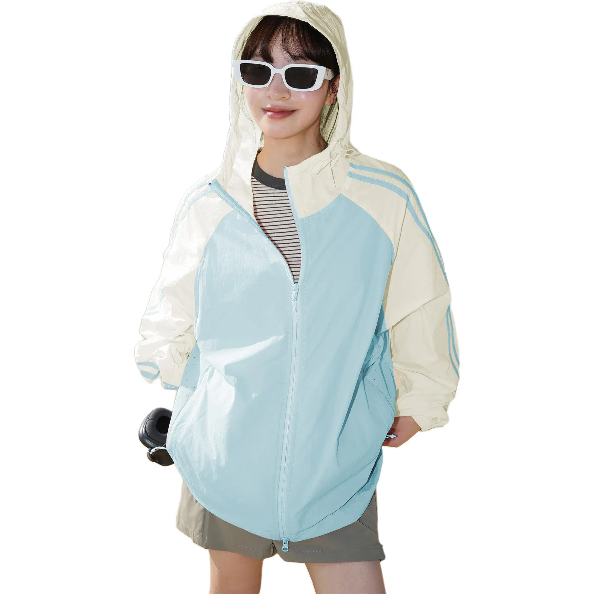 黑恐龙 轻薄透气宽松百搭休闲户外运动登山连帽拼接条纹连帽长袖防晒服 男女同款