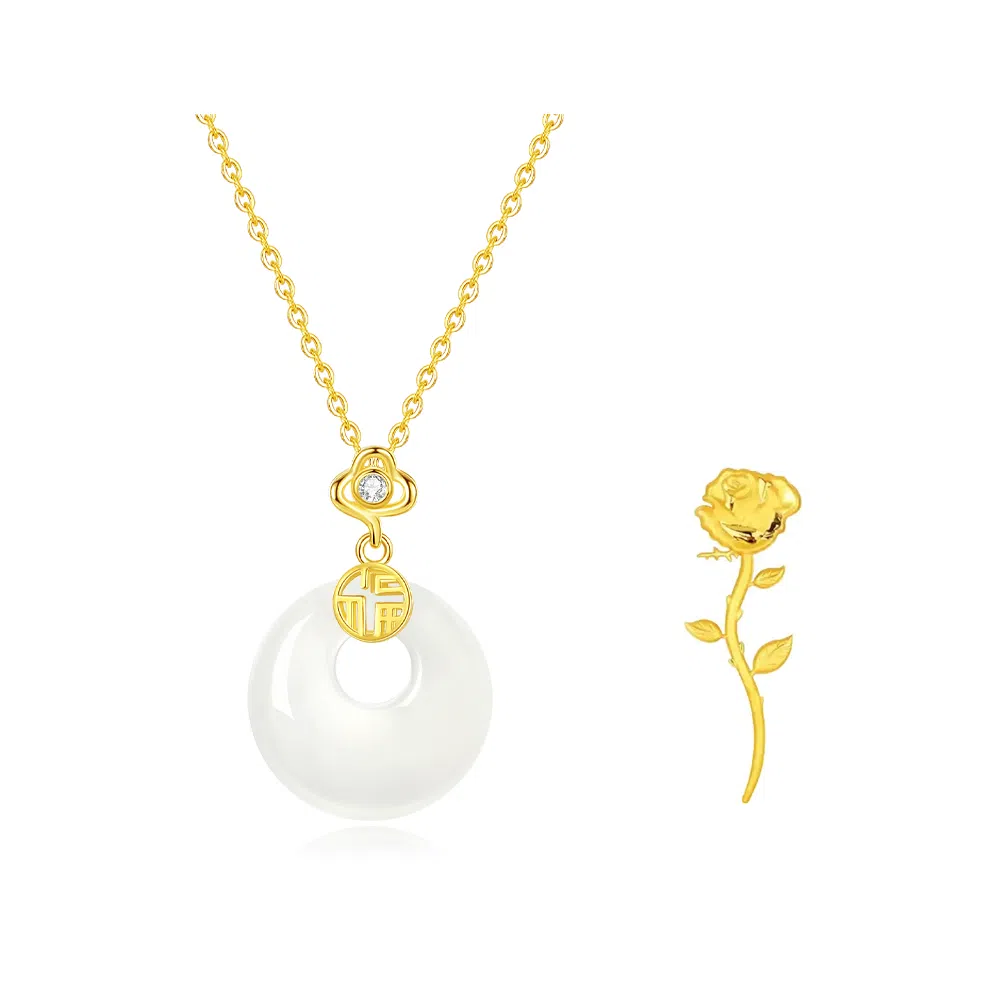 【高品质 S925银】六桂福 福气平安扣新中式福牌如意吊坠银镶玉时尚锁骨链显白清冷如意转运平安聚财纳福 福韵金 好运 玉髓 玉石项链 女款