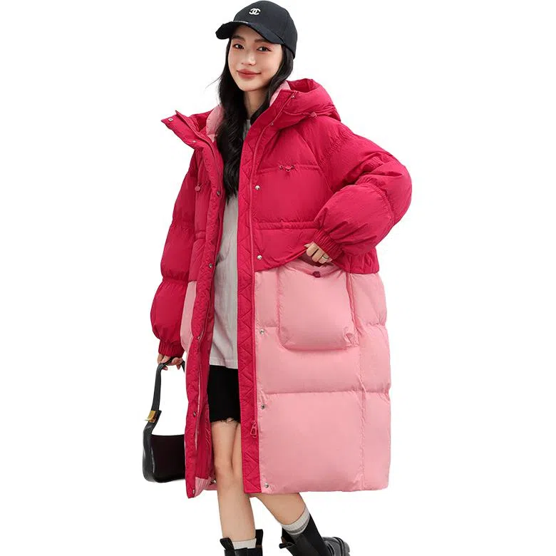 鸭鸭 中长款连帽撞色拼色韩版甜美校园风通勤时尚百搭羽绒服 女款