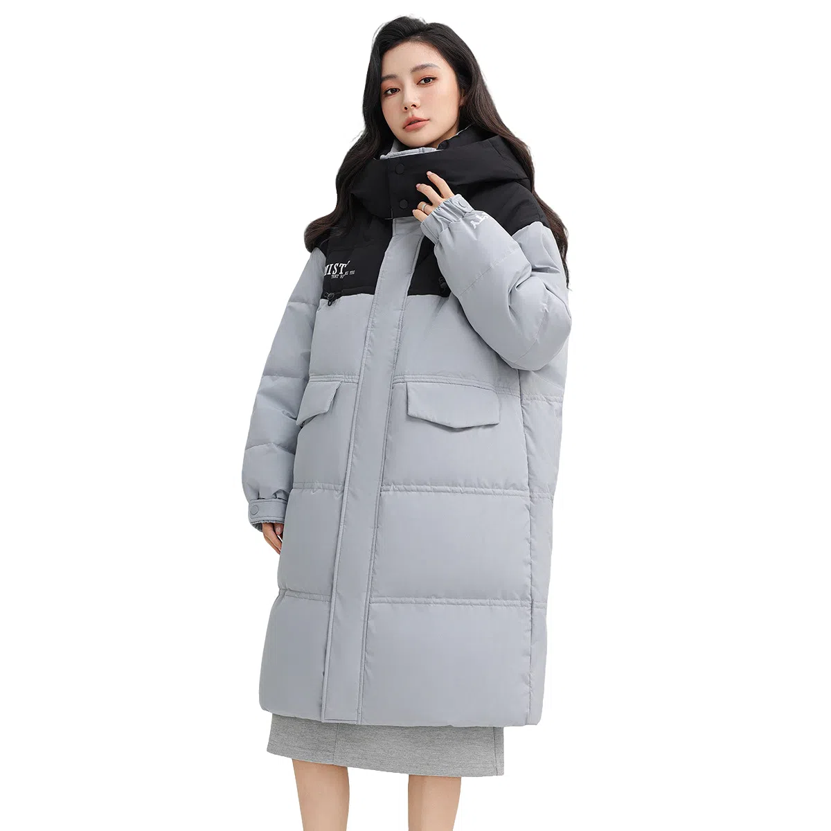 鸭鸭 纯色可脱卸帽拉链加厚保暖长款直筒长袖羽绒服 女款
