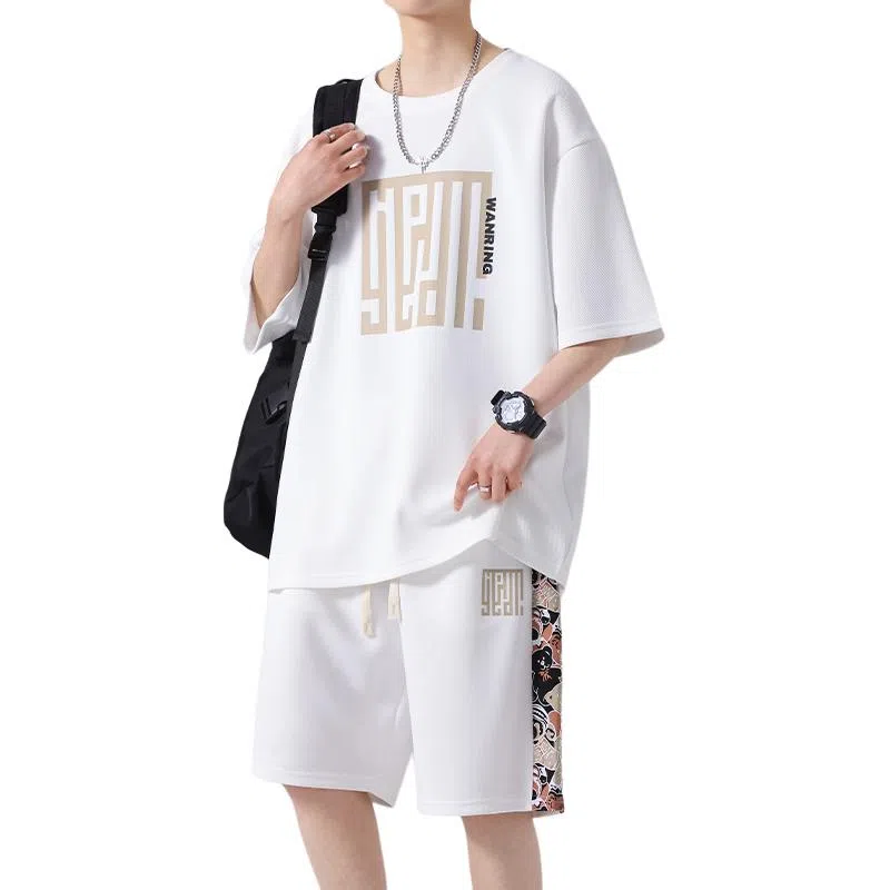 顶峰保罗 新中式印花短袖上衣宽松潮流时尚短裤休闲运动套装 男女同款