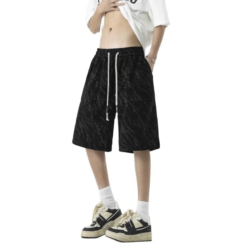 左岸 夏季港风潮流简约暗纹宽松系带中裤薄款沙滩风五分裤子休闲短裤 男款