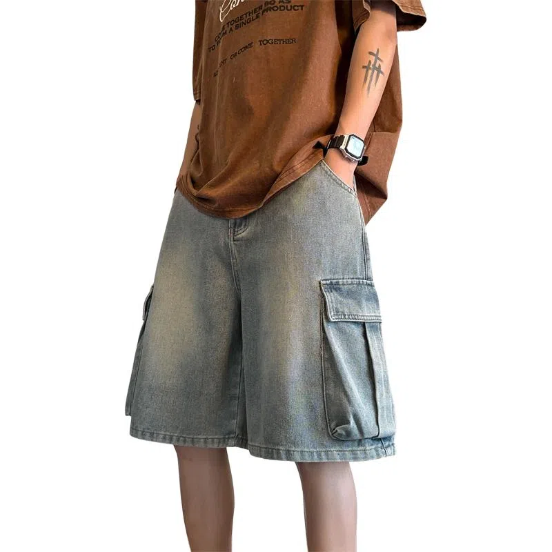 顶峰保罗 水洗做旧大口袋工装直筒五分裤美式潮牌高街宽松小众百搭设计感休闲阔腿牛仔短裤 男女同款