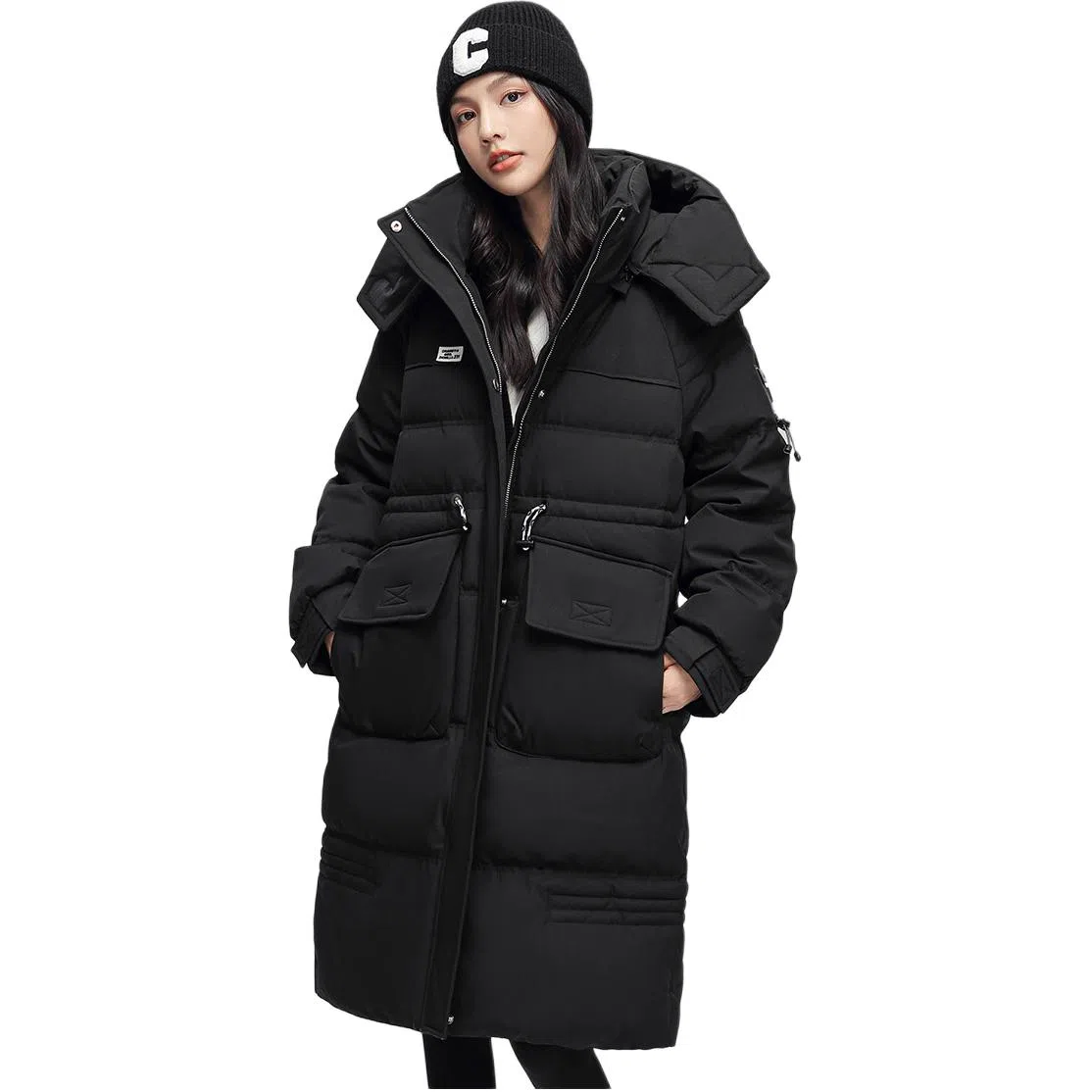 鸭鸭 中长款抽绳收腰连帽羽绒服 女款