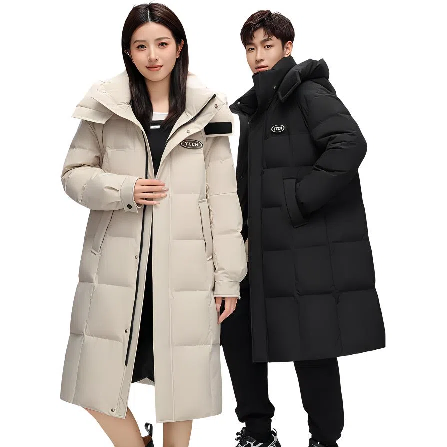 鸭鸭 拼色加厚长款休闲长袖羽绒服 男女同款