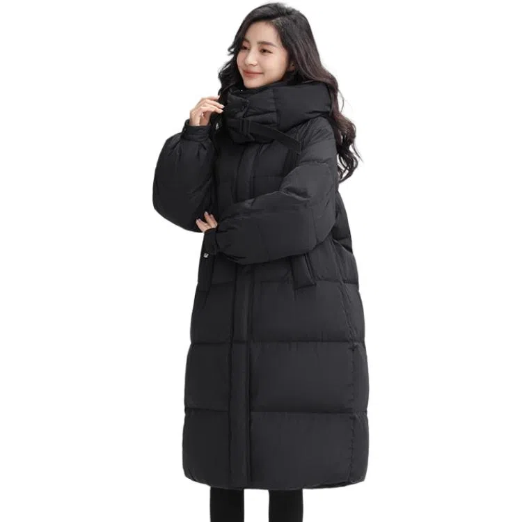 鸭鸭 纯色加厚中长款连帽拉链羽绒服 女款